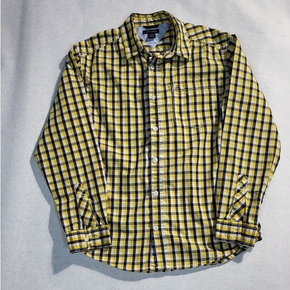 Tommy Hilfiger Plaid Button Down Shirt Long Sleeve Checkered Yellow Black M - Picture 1 of 9